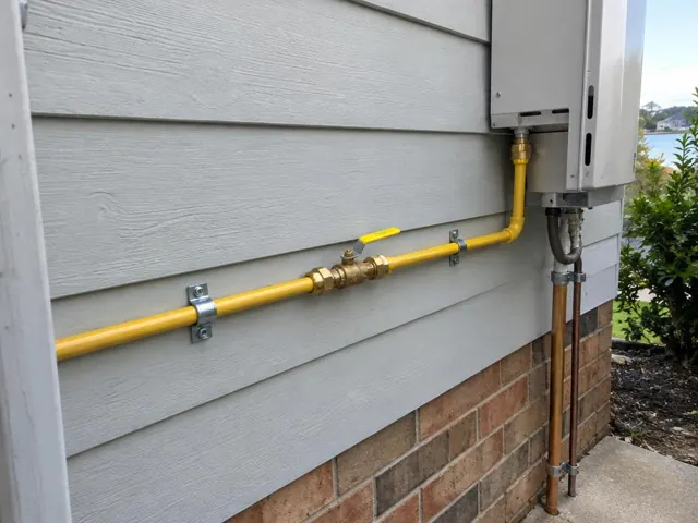 Yellow gas pipe and shutoff valve on an exterior weatherboard wall beside a gas unit in Narrabeen